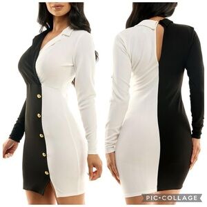 Almost Famous Juniors Black White Colorblock Bodycon Dress Gold Buttons Size M